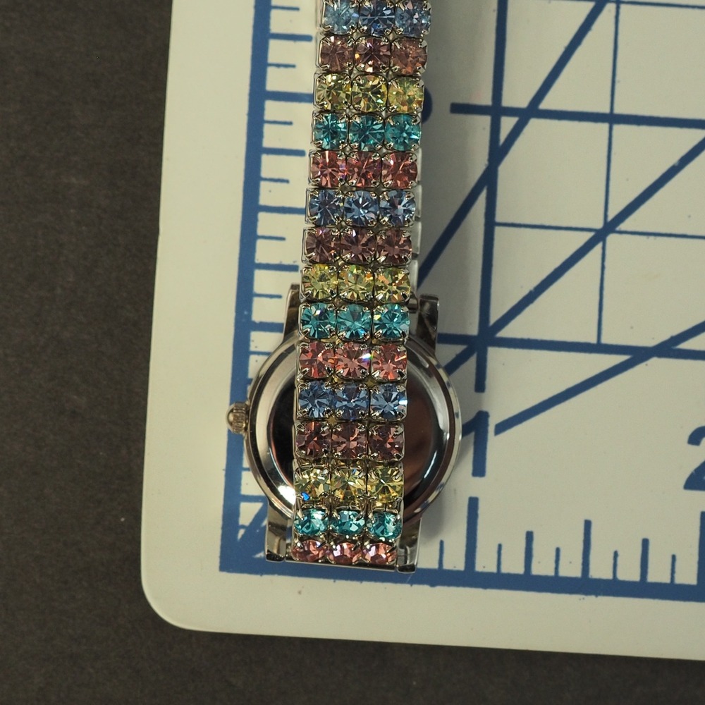Quartz Watch Stretch Bracelet Matched Set Silver Tone Pastel Rainbow Rhinestone - Picture 12 of 12